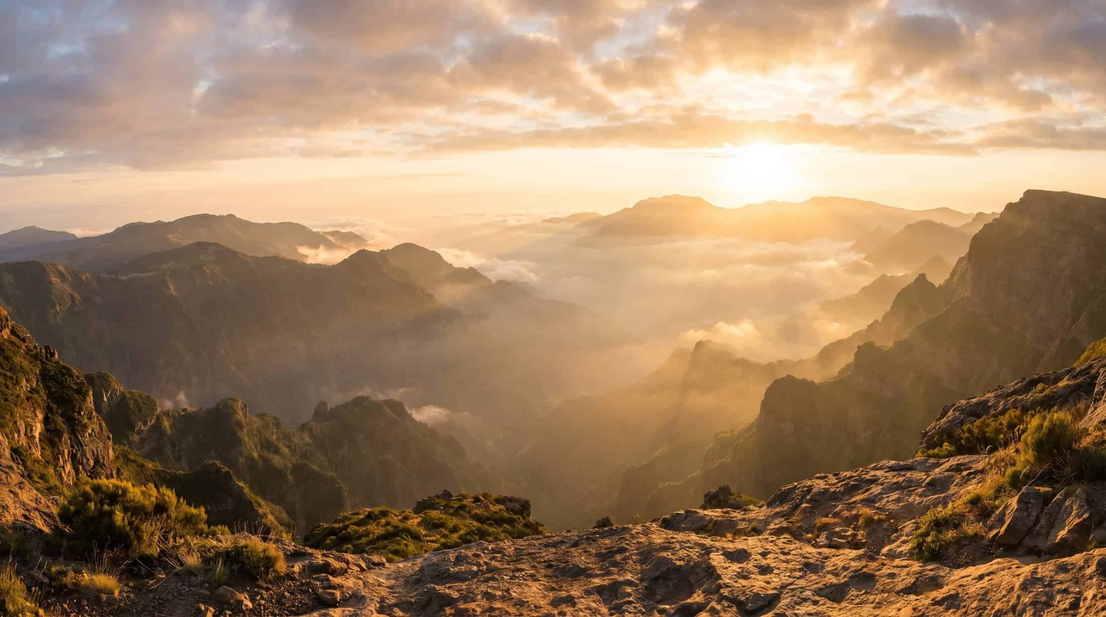 Scenic mountain landscape at sunrise with clouds and mist.