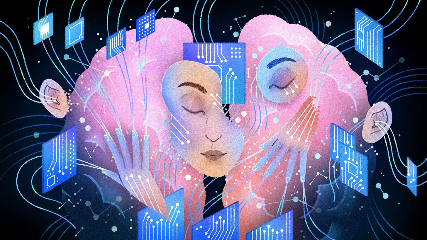 Digital art of a woman with a cloud of pink hair and technological elements.