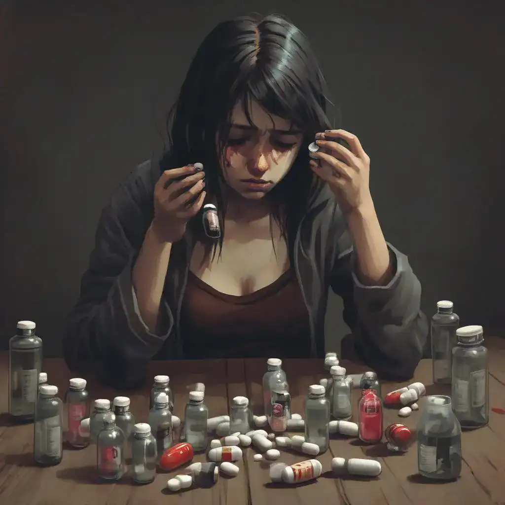Young woman surrounded by numerous pill bottles and capsules on a table.