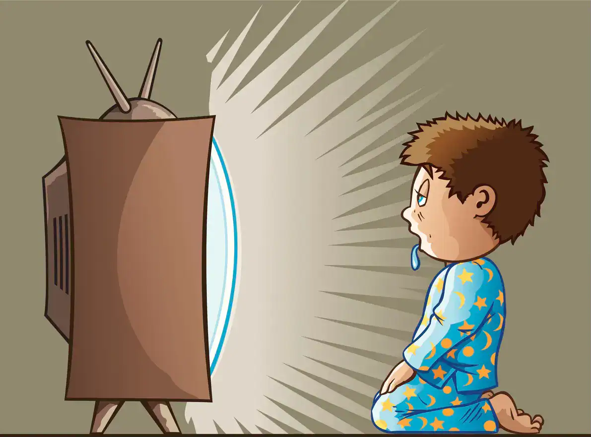 Child watching TV with tears, illustrating emotional impact of media.