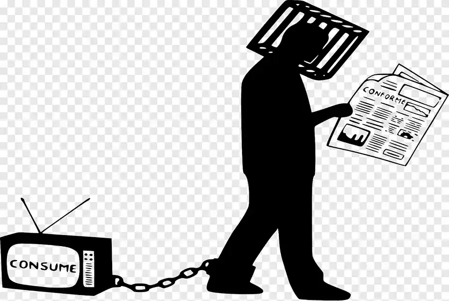 Silhouette of a person with a TV head chained to a TV labeled 'CONSUME'.