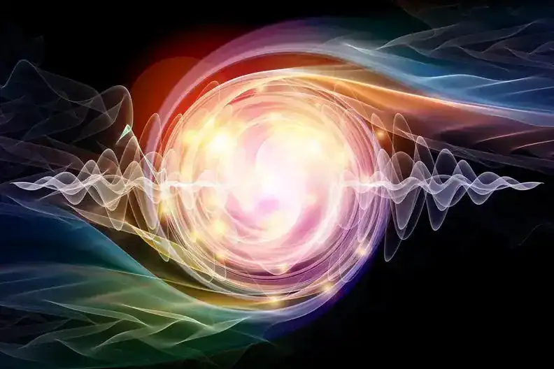 Abstract vibrant energy swirl with colorful light waves and glowing center.