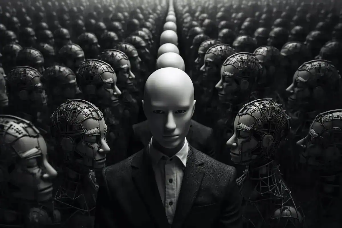 Futuristic humanoid robot surrounded by AI robot heads in a dark setting.