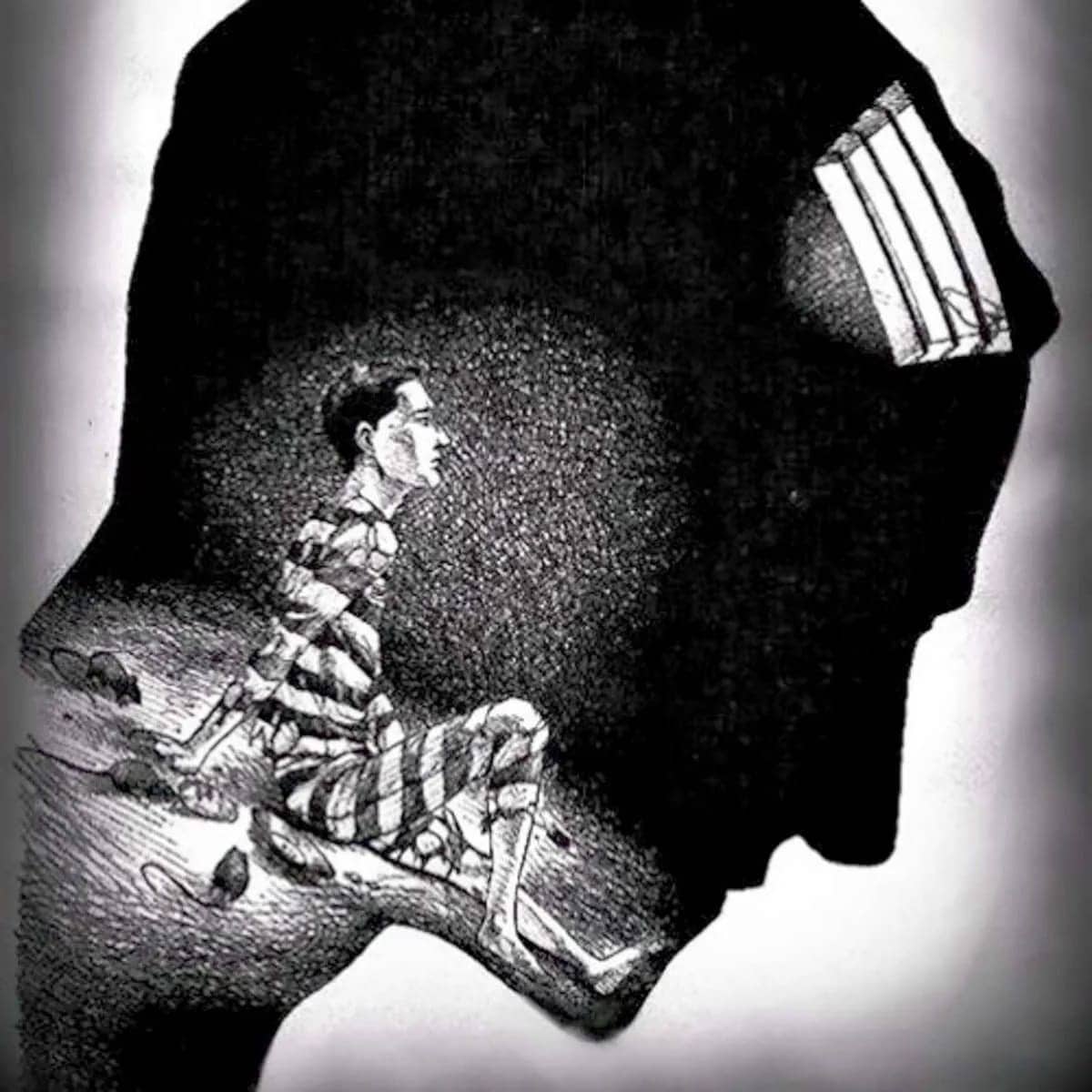 Surreal illustration of a person inside a human head silhouette with a cityscape background.