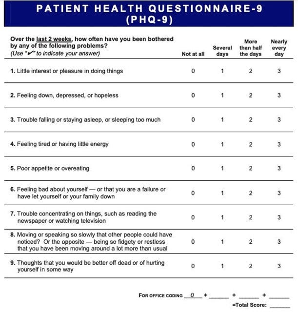 Patient health questionnaire for assessing depression symptoms and mental health.