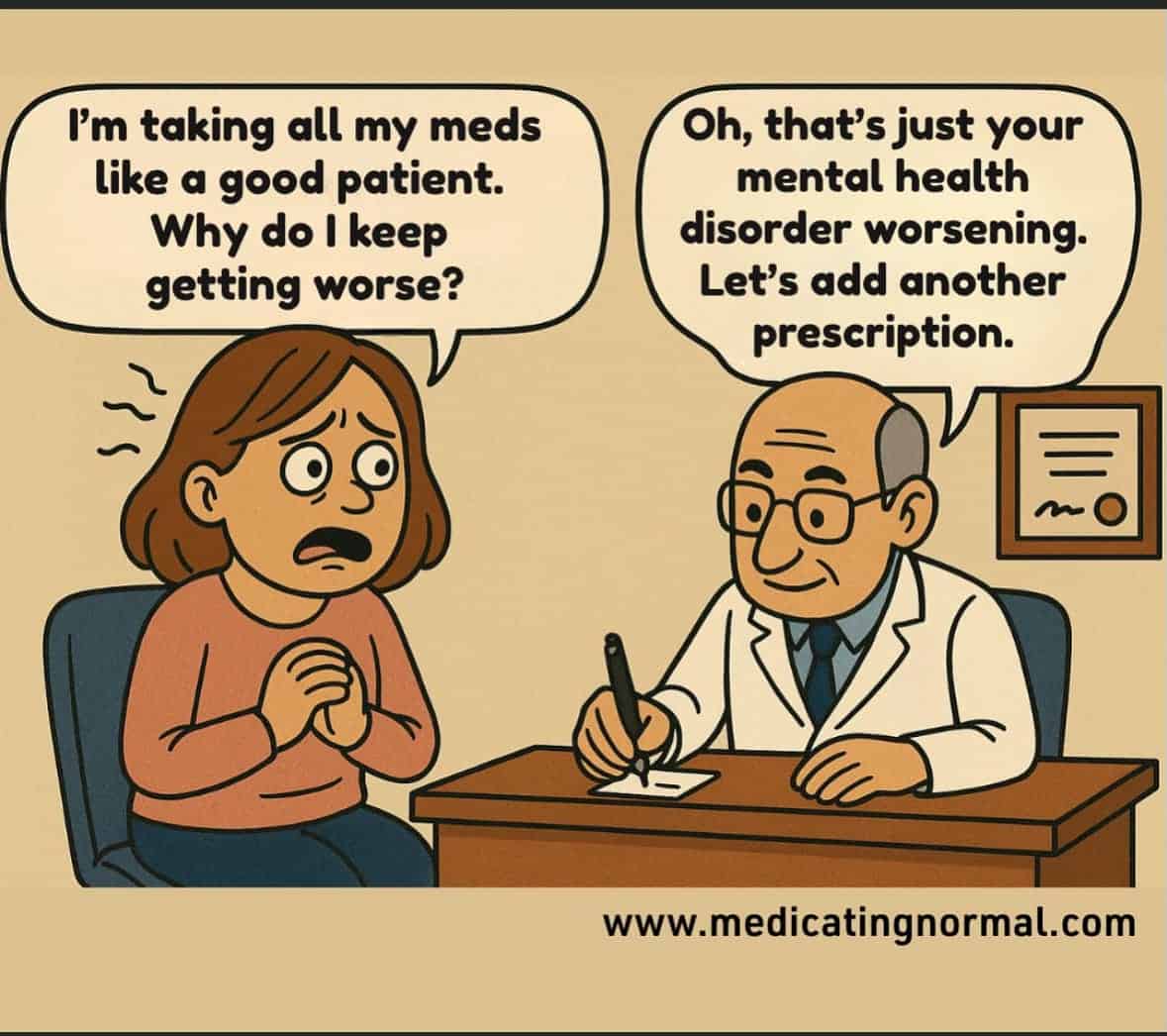 Cartoon of a woman talking to a doctor about mental health medication worsening.