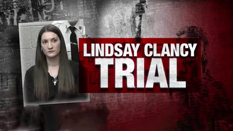 Lindsay Clancy trial banner with her photo and bold text.