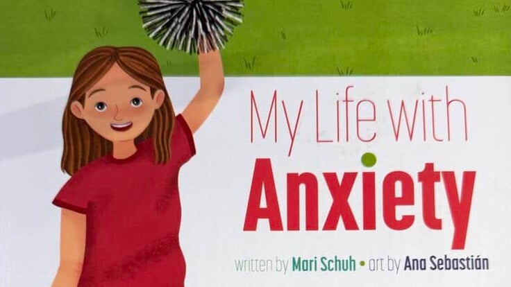 Children playing outside with a girl holding pom-poms, book cover about anxiety in kids.