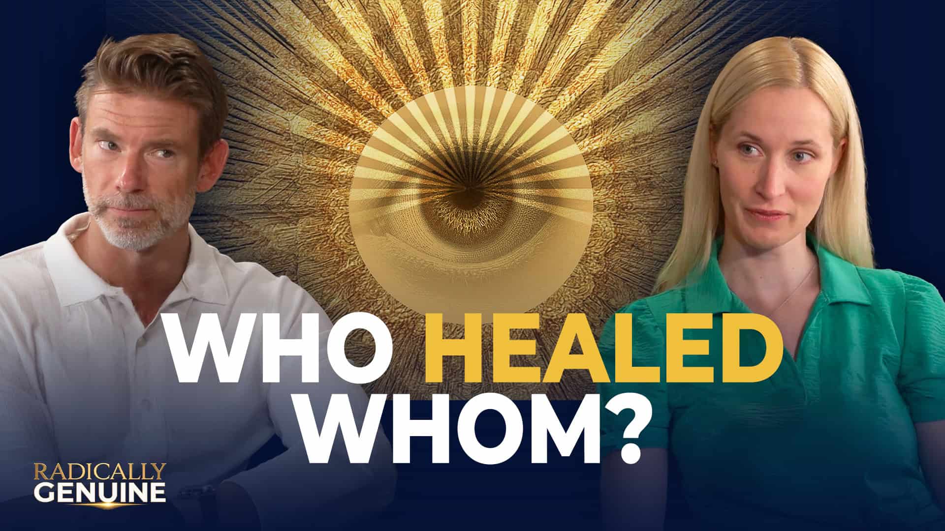 Two people with a spiritual eye symbol and the text 'Who Healed Whom?'.